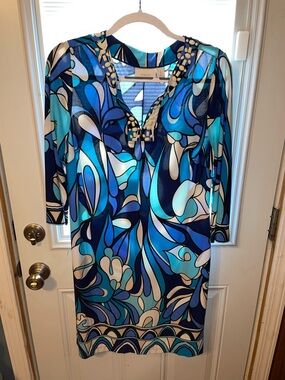 Chico's Blue Multi Abstract Print Midi Dress